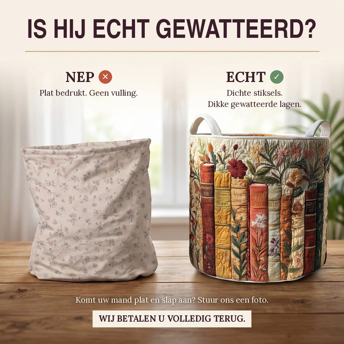 Nep of echt: een plat bedrukte mand naast de dik gewatteerde wasmand Boekentuin