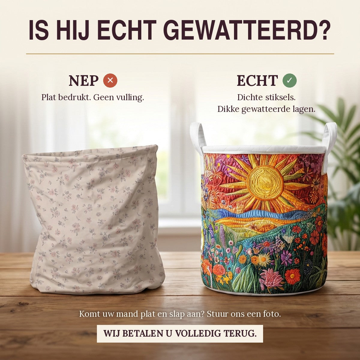 Nep of echt: een plat bedrukte mand naast de dik gewatteerde wasmand Stralende horizon