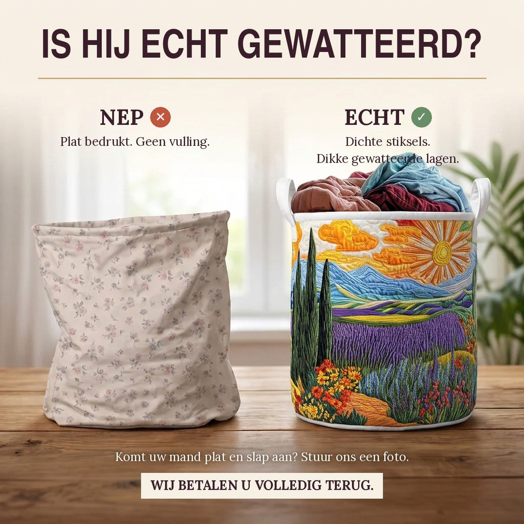 Nep of echt: een plat bedrukte mand naast de dik gewatteerde wasmand Stralende weide