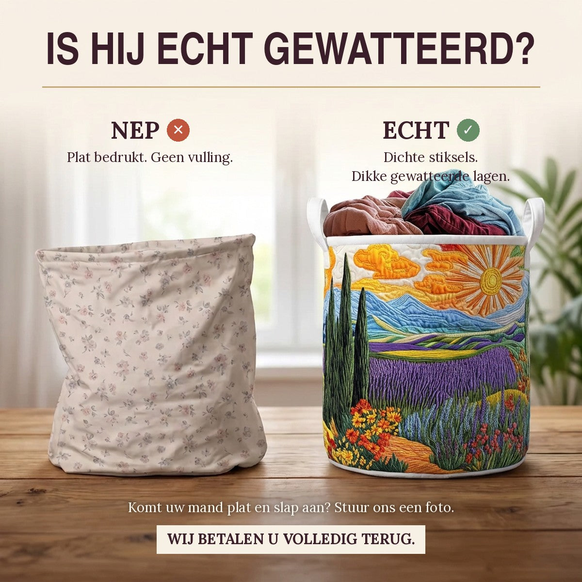 Nep of echt: een plat bedrukte mand naast de dik gewatteerde wasmand Stralende weide