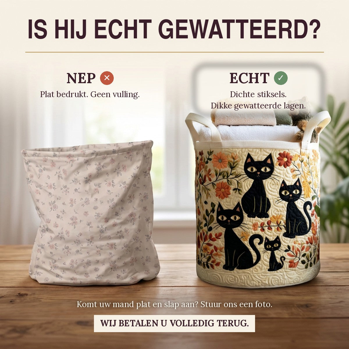 Nep of echt: een plat bedrukte mand naast de dik gewatteerde wasmand Katten tussen de bloemen