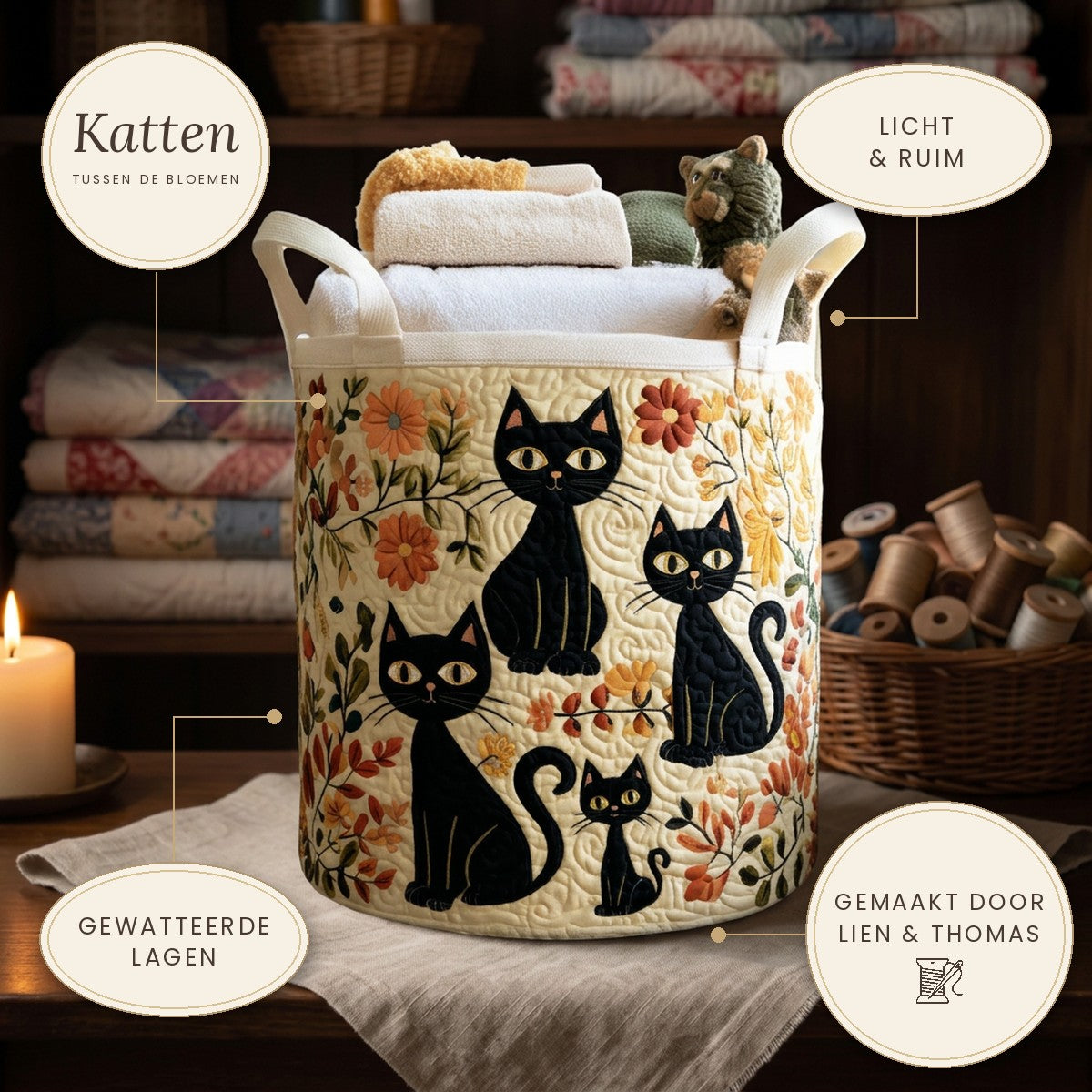 Gewatteerde wasmand Katten tussen de bloemen op een plank, met de belangrijkste kenmerken