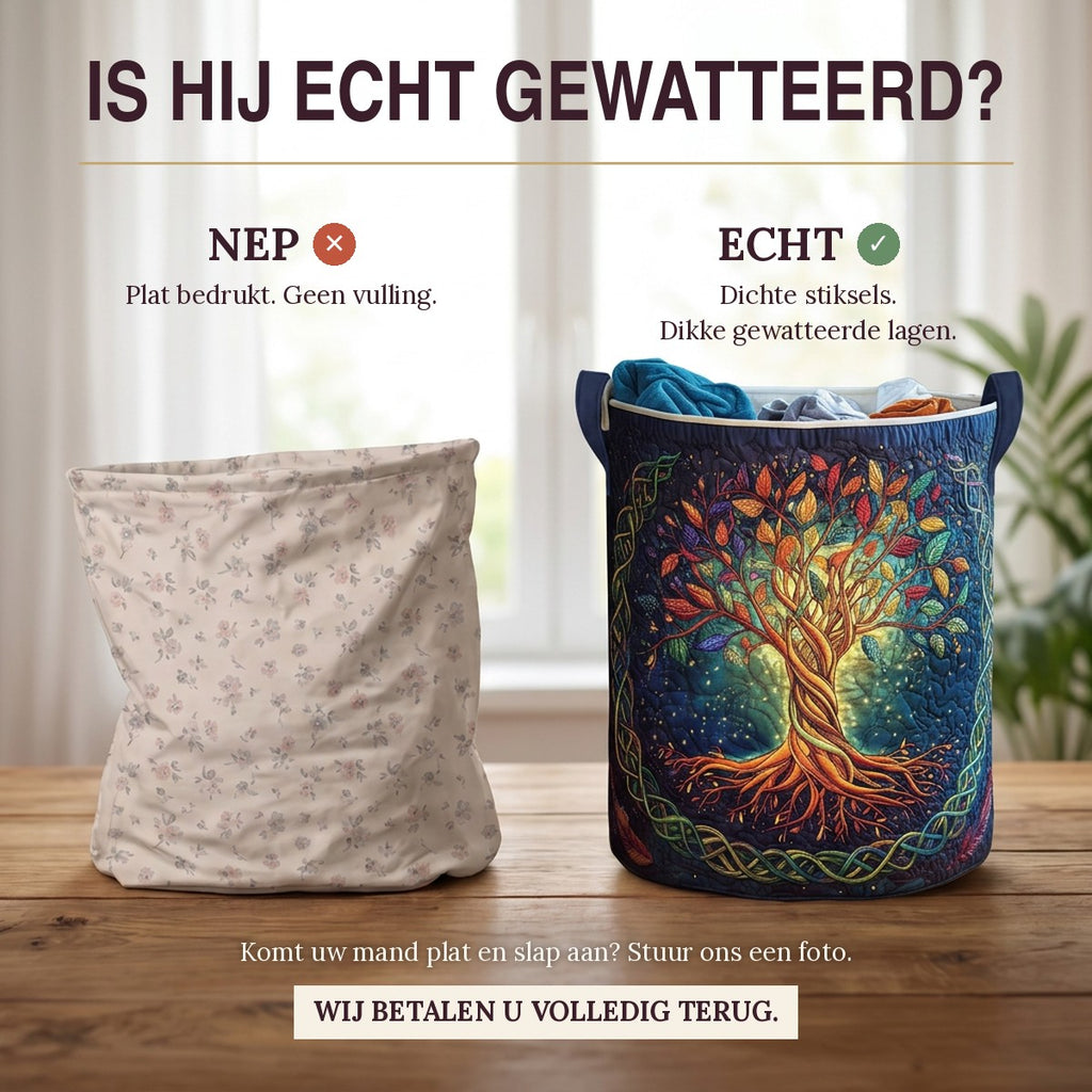 Nep of echt: een plat bedrukte mand naast de dik gewatteerde wasmand Hemelse eik