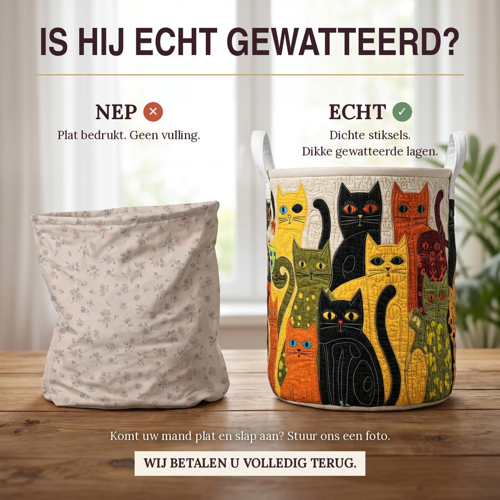 Nep of echt: een plat bedrukte mand naast de dik gewatteerde wasmand Knus kattenfeest