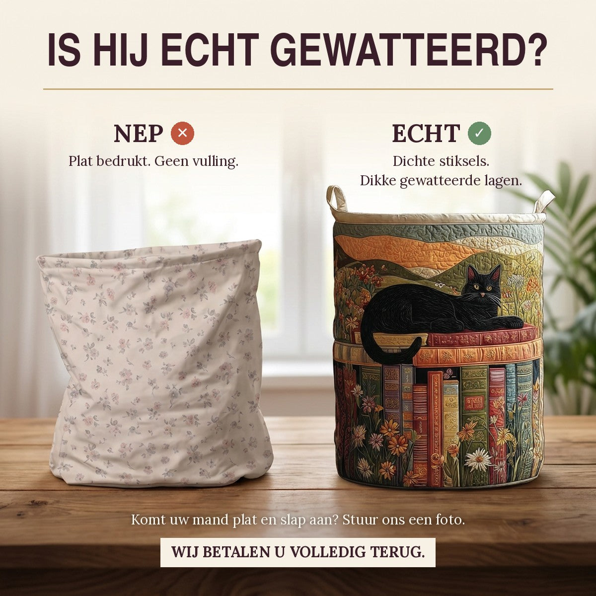 Nep of echt: een plat bedrukte mand naast de dik gewatteerde wasmand Knusse kat