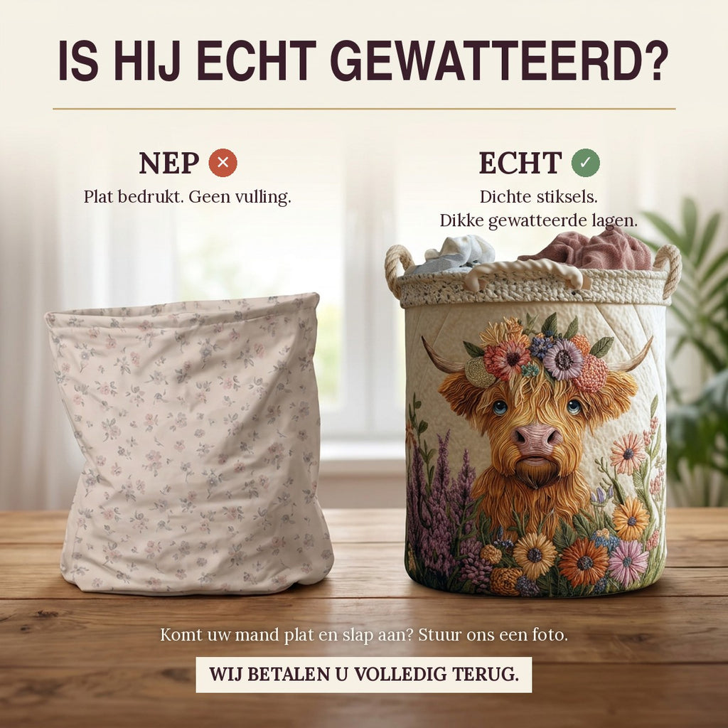 Nep of echt: een plat bedrukte mand naast de dik gewatteerde wasmand Bloemrijke Highlands