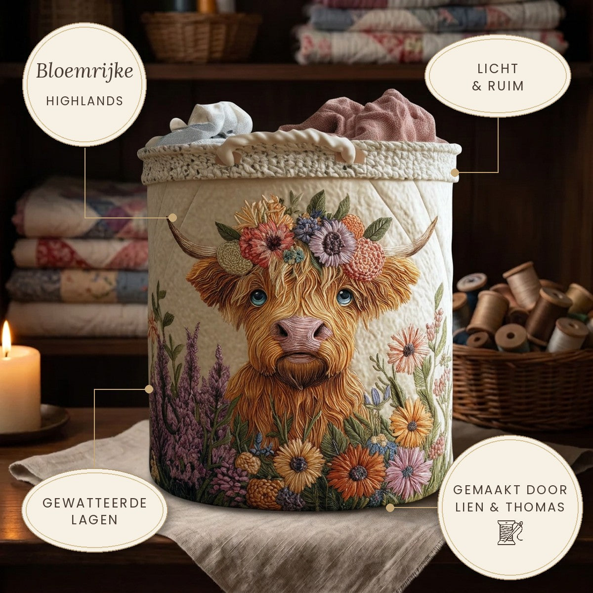 Gewatteerde wasmand Bloemrijke Highlands op een plank, met de belangrijkste kenmerken