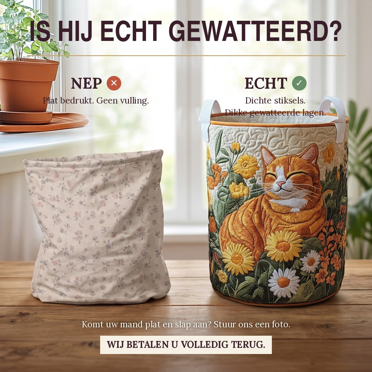 Faux ou vrai : un bac plat imprimé à côté du panier à linge bien matelassé Chat des bois
