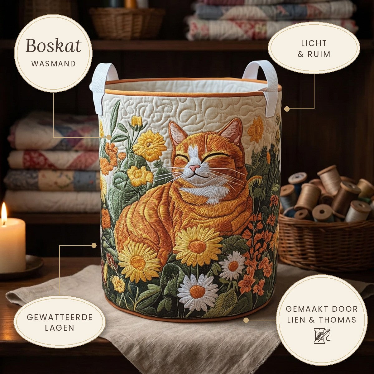 Panier à linge matelassé Chat des bois sur une étagère, avec ses points forts