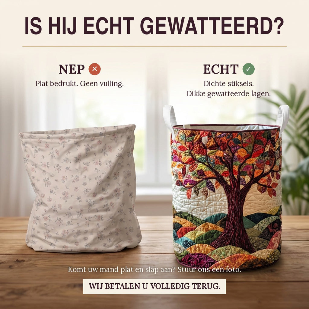 Nep of echt: een plat bedrukte mand naast de dik gewatteerde wasmand Geest van het bos