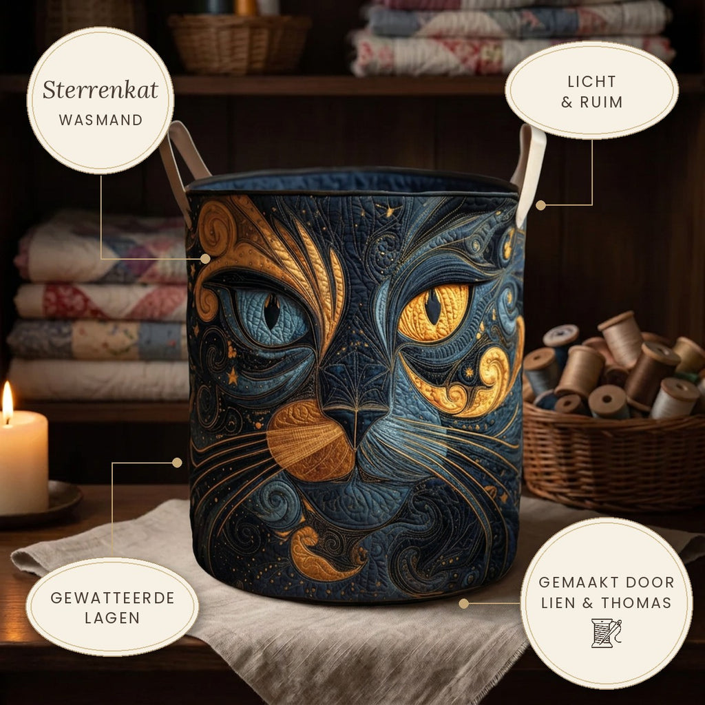 Panier à linge matelassé Chat galactique sur une étagère, avec ses points forts
