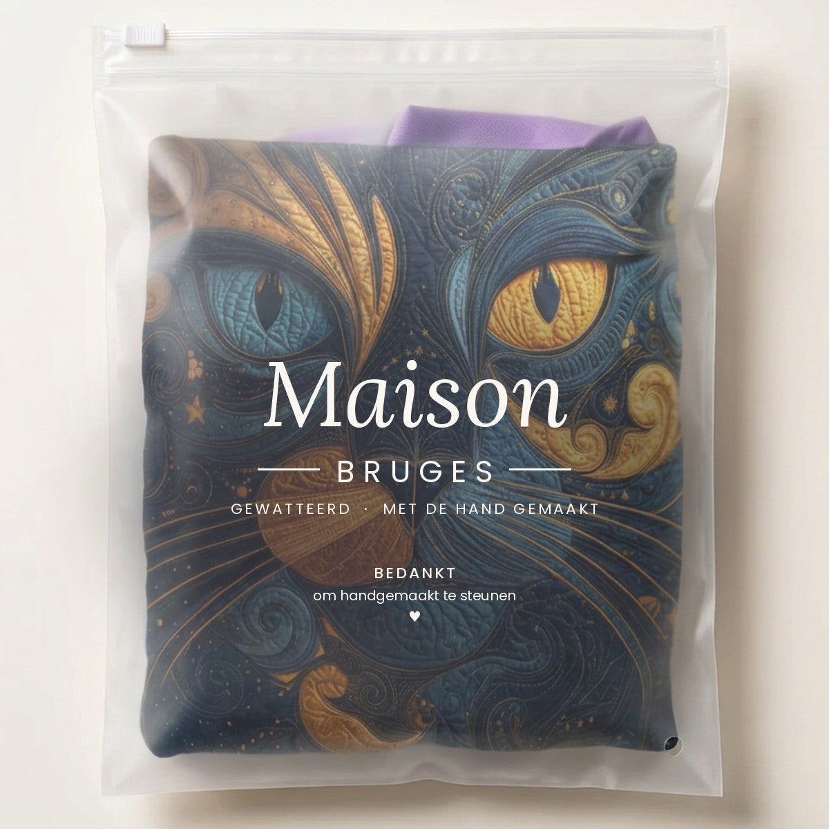 Panier à linge matelassé Chat galactique, plié à plat dans l’emballage Maison Bruges