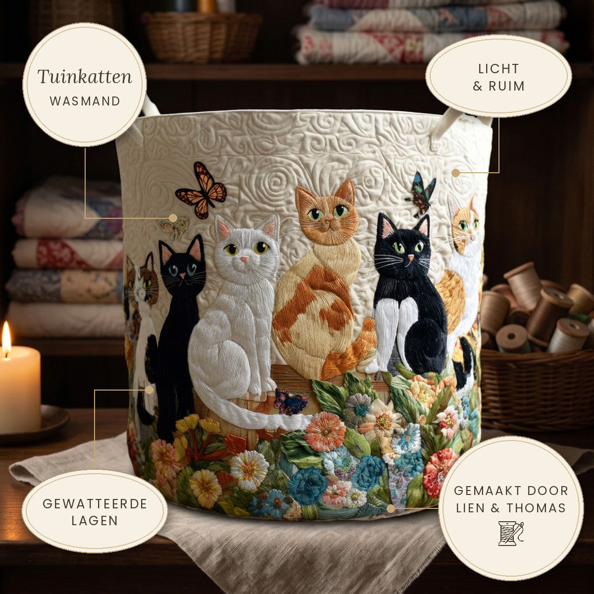 Panier à linge matelassé Chats du jardin sur une étagère, avec ses points forts