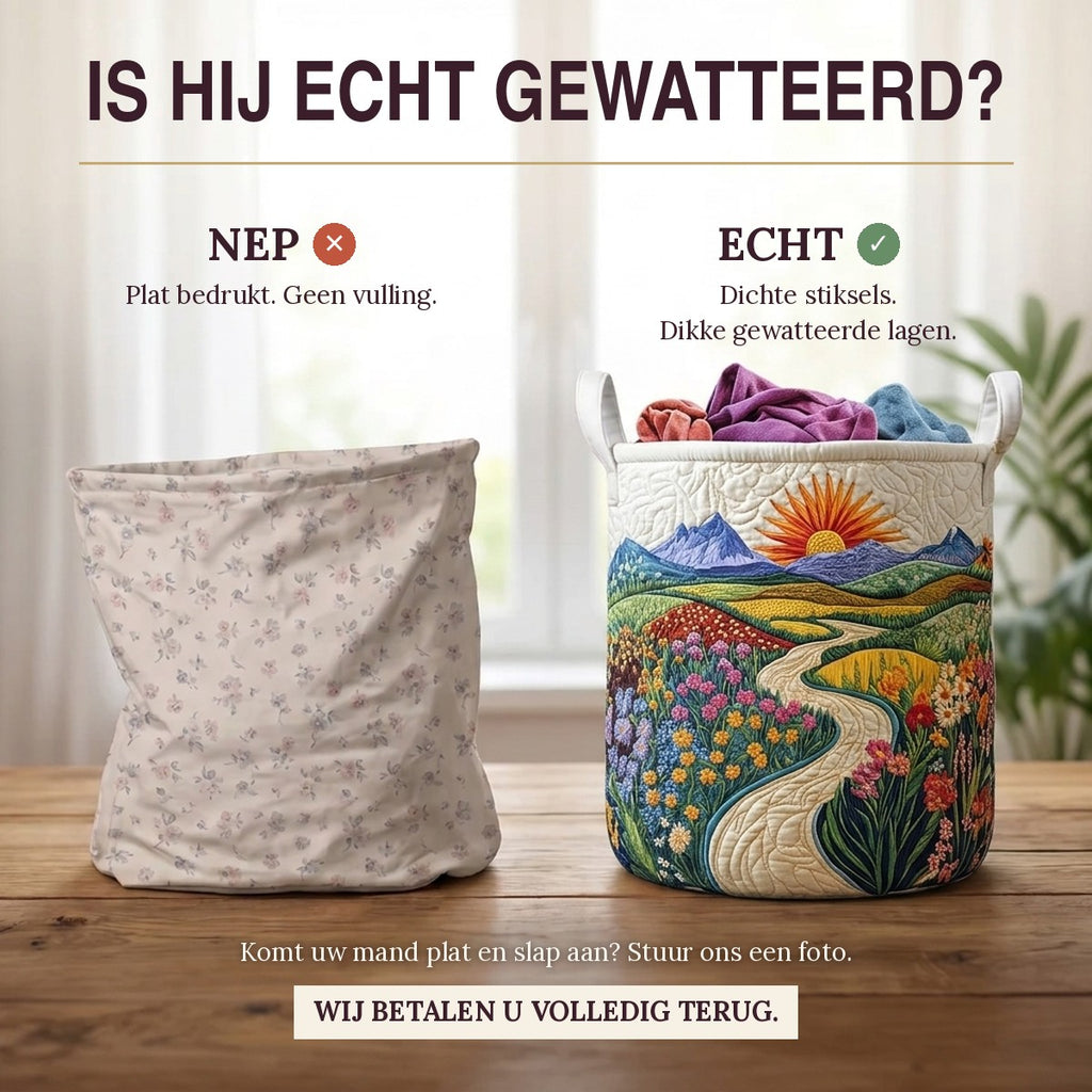Nep of echt: een plat bedrukte mand naast de dik gewatteerde wasmand Gouden horizon