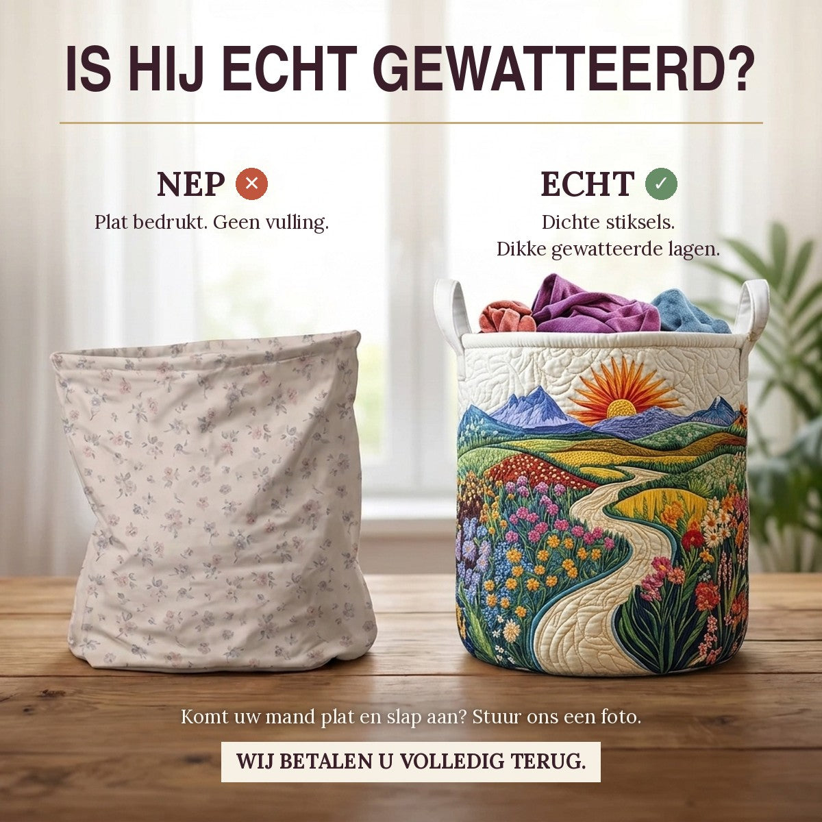 Nep of echt: een plat bedrukte mand naast de dik gewatteerde wasmand Gouden horizon