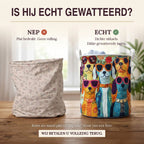 Nep of echt: een plat bedrukte mand naast de dik gewatteerde wasmand Vrolijke honden