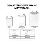 Matentabel gewatteerde wasmand: Klein 36 × 46 cm, Middelgroot 41 × 56 cm, Groot 51 × 71 cm
