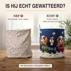 Nep of echt: een plat bedrukte mand naast de dik gewatteerde wasmand King Charles in trui