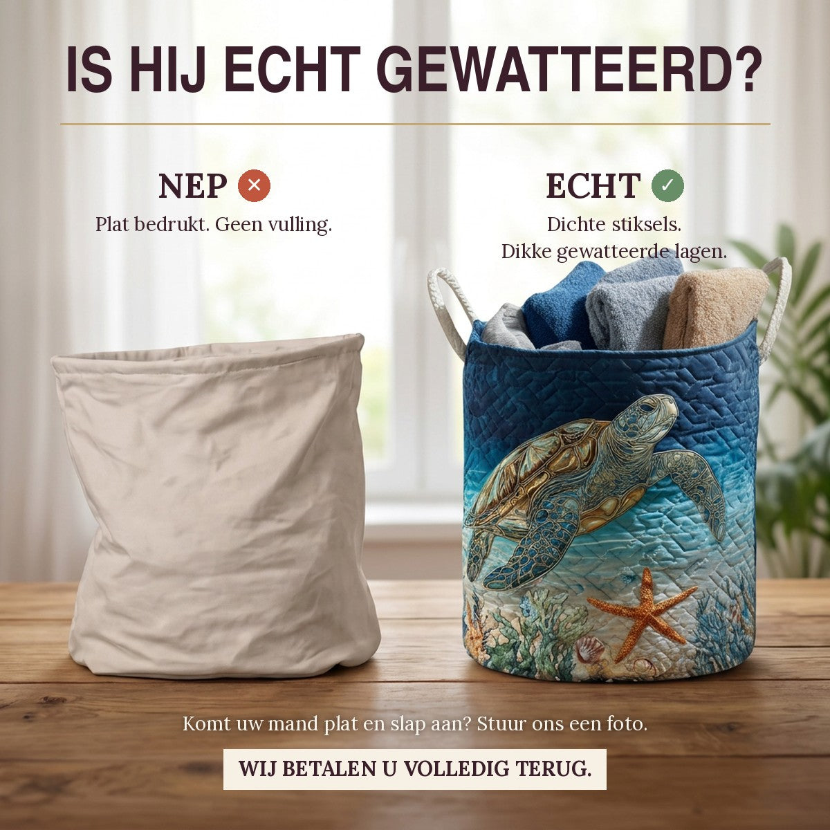 Nep of echt: een plat bedrukte mand naast de dik gewatteerde wasmand Maritieme sfeer