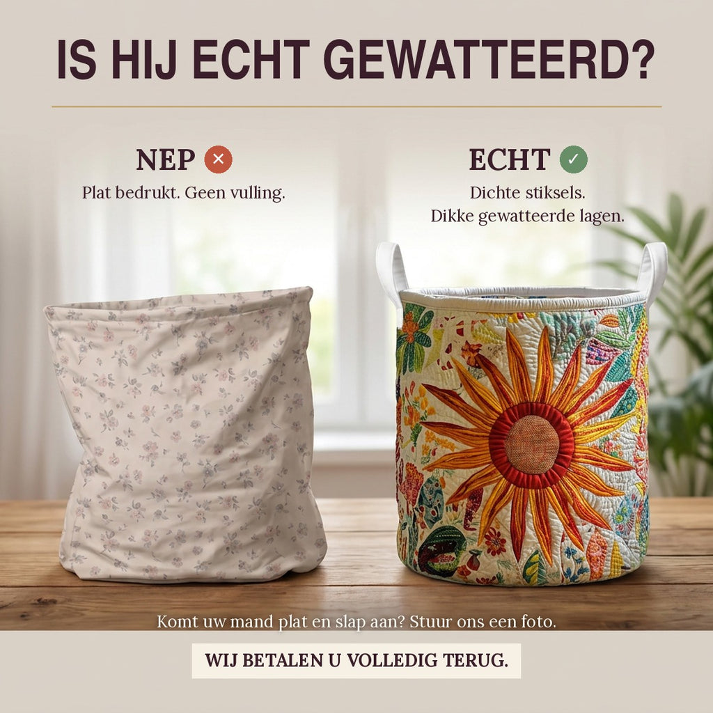 Nep of echt: een plat bedrukte mand naast de dik gewatteerde wasmand Zonnige weide