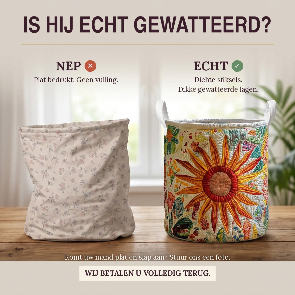 Nep of echt: een plat bedrukte mand naast de dik gewatteerde wasmand Zonnige weide