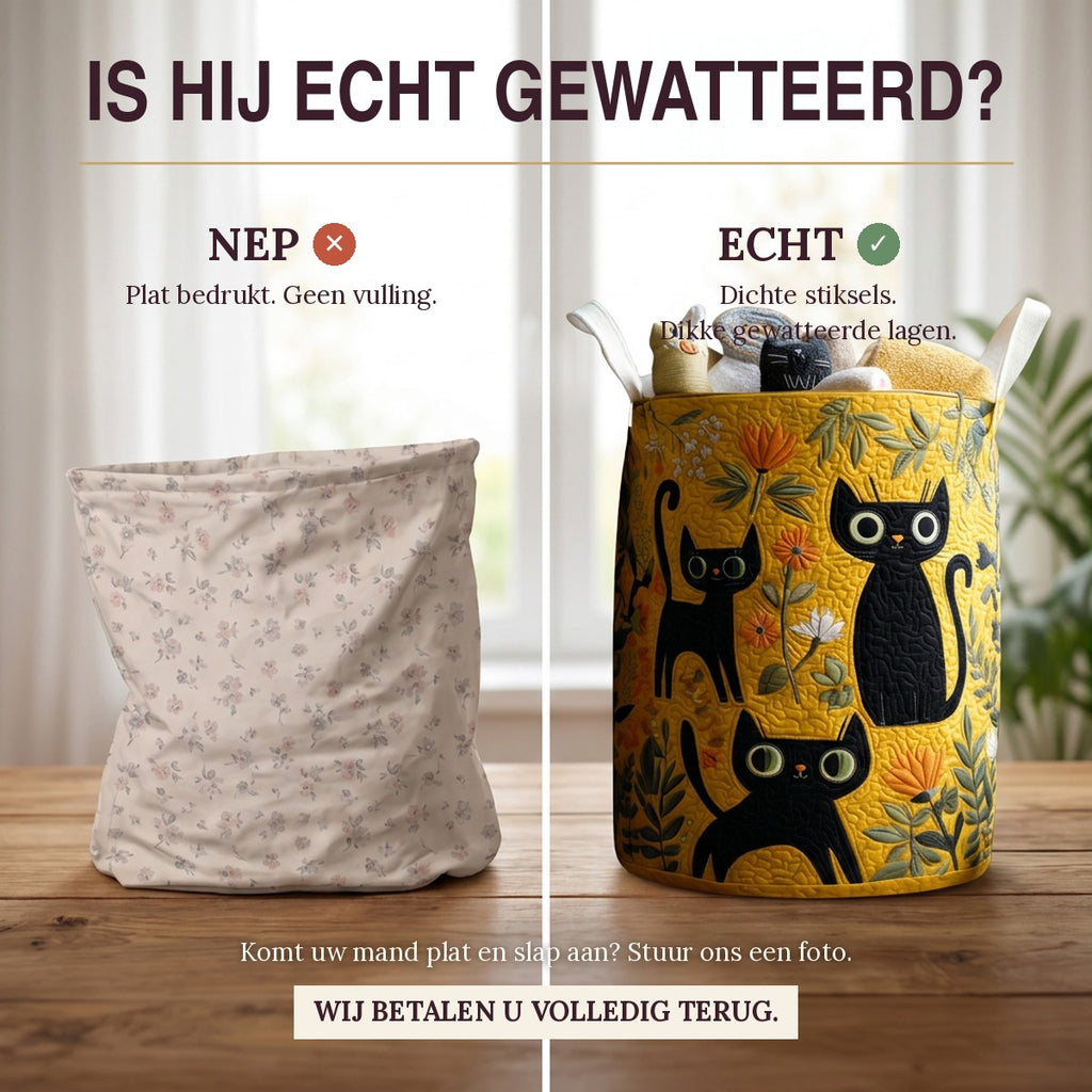 Nep of echt: een plat bedrukte mand naast de dik gewatteerde wasmand Miauwfeestje