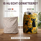 Nep of echt: een plat bedrukte mand naast de dik gewatteerde wasmand Miauwfeestje