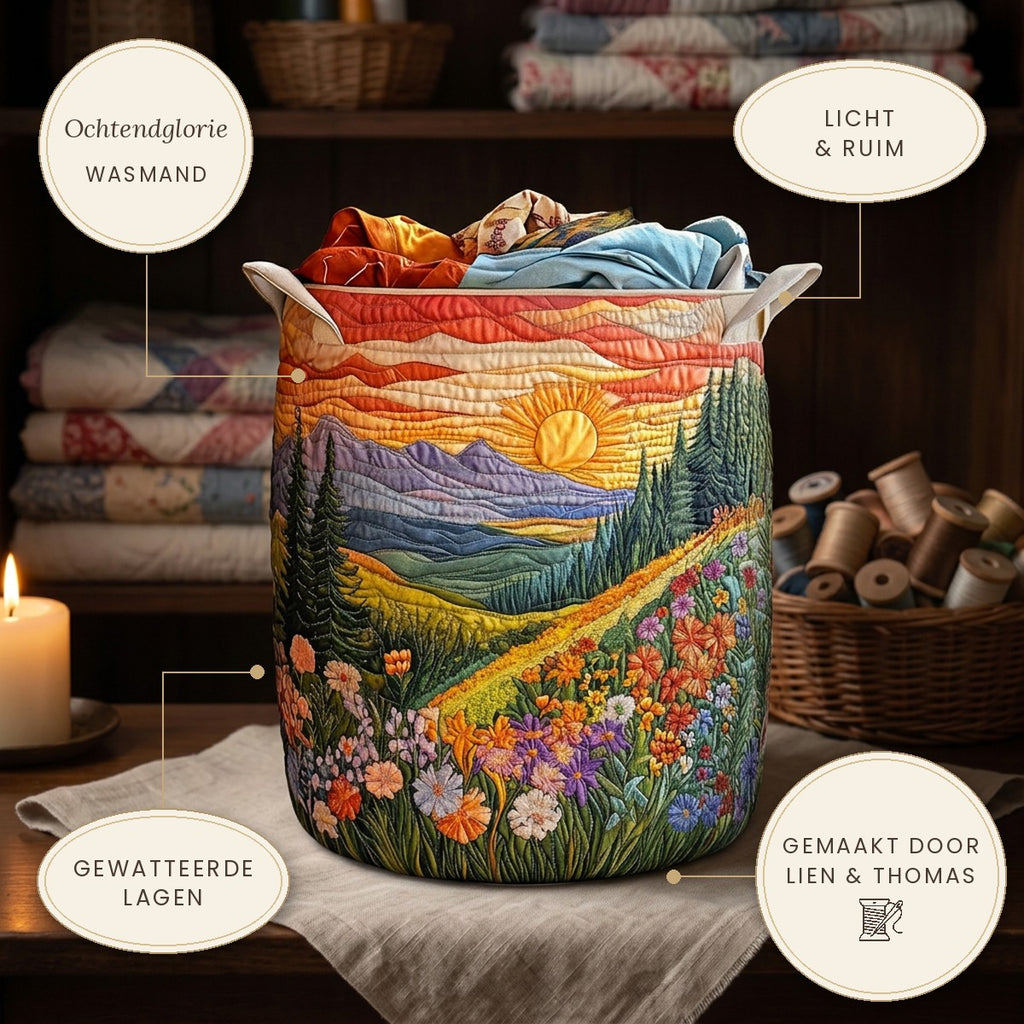 Panier à linge matelassé Gloire du matin sur une étagère, avec ses points forts