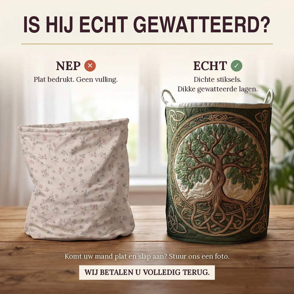 Nep of echt: een plat bedrukte mand naast de dik gewatteerde wasmand Wortels van de natuur