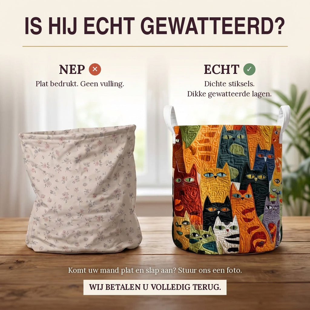 Nep of echt: een plat bedrukte mand naast de dik gewatteerde wasmand Kattenbende