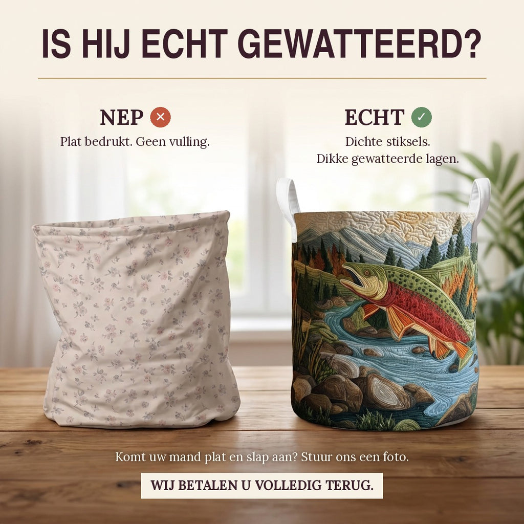 Nep of echt: een plat bedrukte mand naast de dik gewatteerde wasmand Stille bergbeek