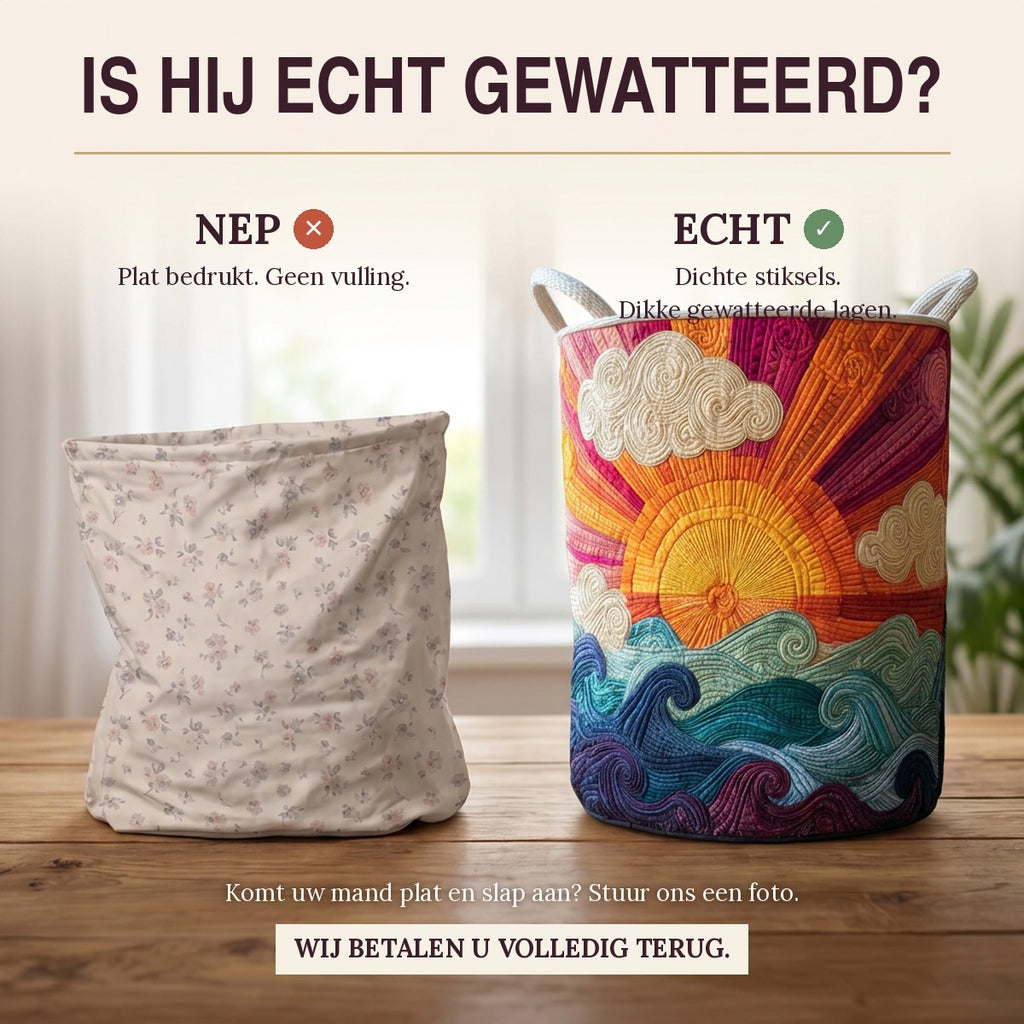 Nep of echt: een plat bedrukte mand naast de dik gewatteerde wasmand Stralende zon