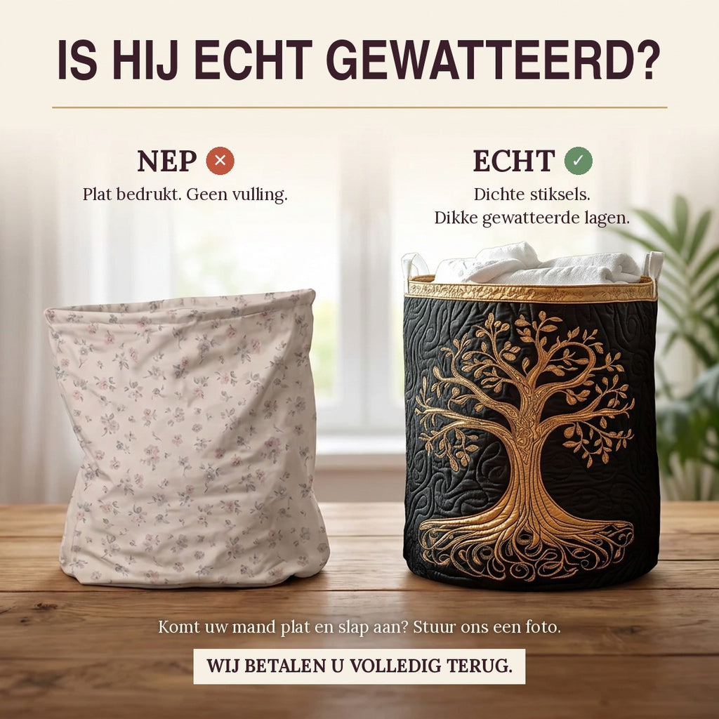 Nep of echt: een plat bedrukte mand naast de dik gewatteerde wasmand Wortels van goud