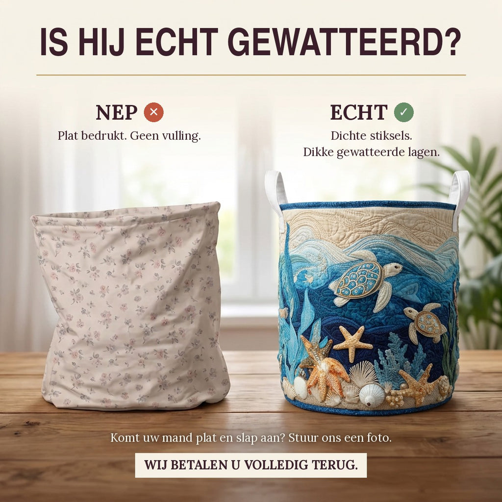 Nep of echt: een plat bedrukte mand naast de dik gewatteerde wasmand Glanzende schelp