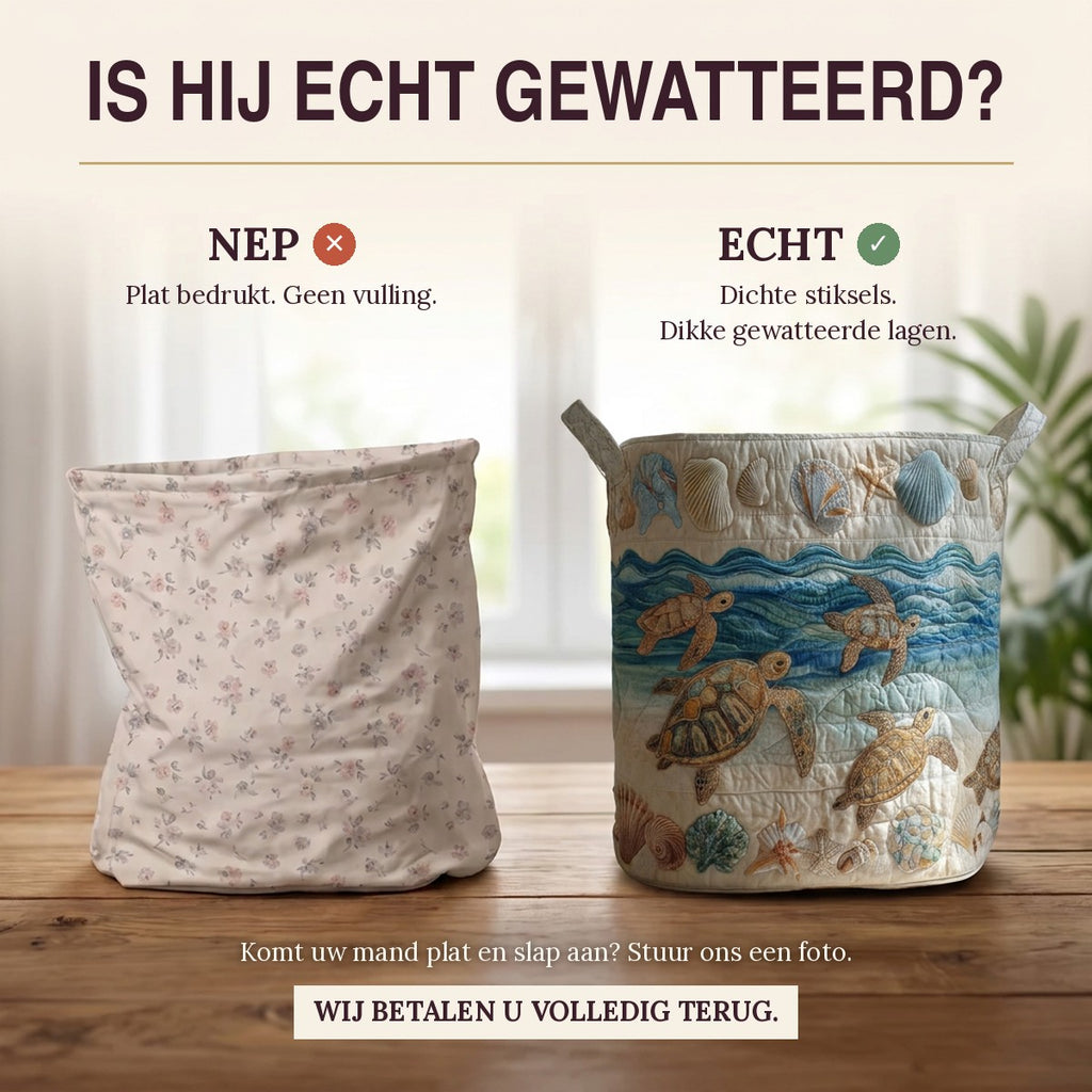 Nep of echt: een plat bedrukte mand naast de dik gewatteerde wasmand Rustig en sereen