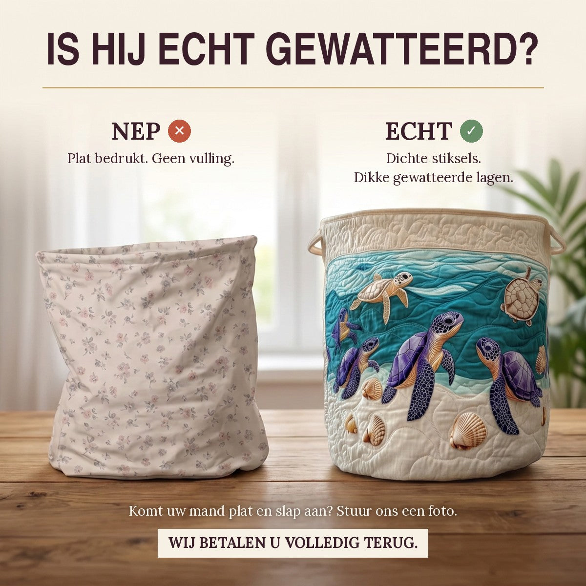 Nep of echt: een plat bedrukte mand naast de dik gewatteerde wasmand Geest van de zee