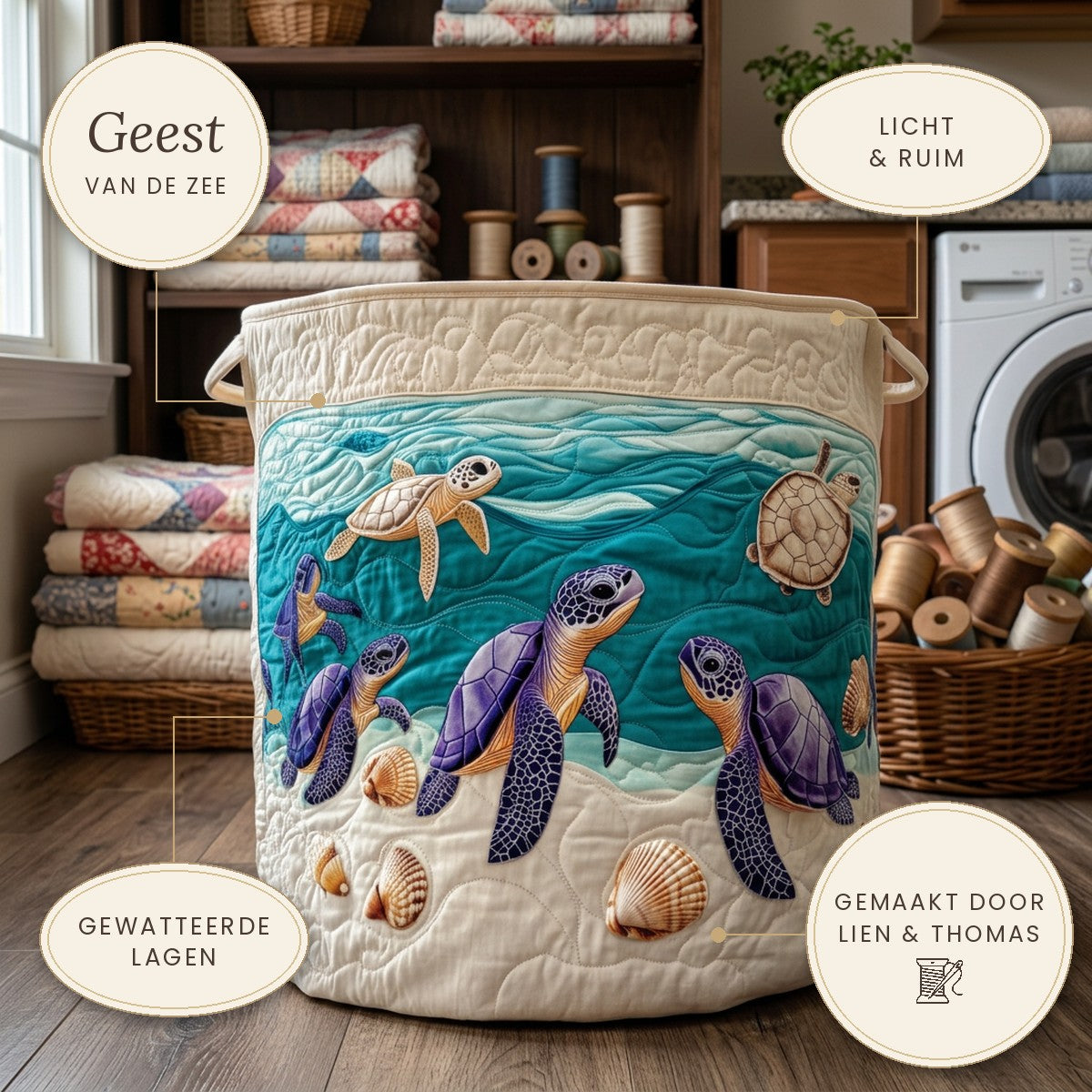 Gewatteerde wasmand Geest van de zee op een plank, met de belangrijkste kenmerken