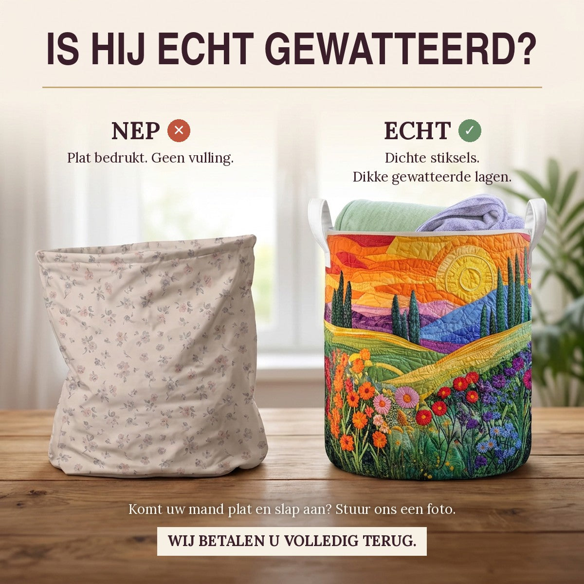Nep of echt: een plat bedrukte mand naast de dik gewatteerde wasmand Lentevelden