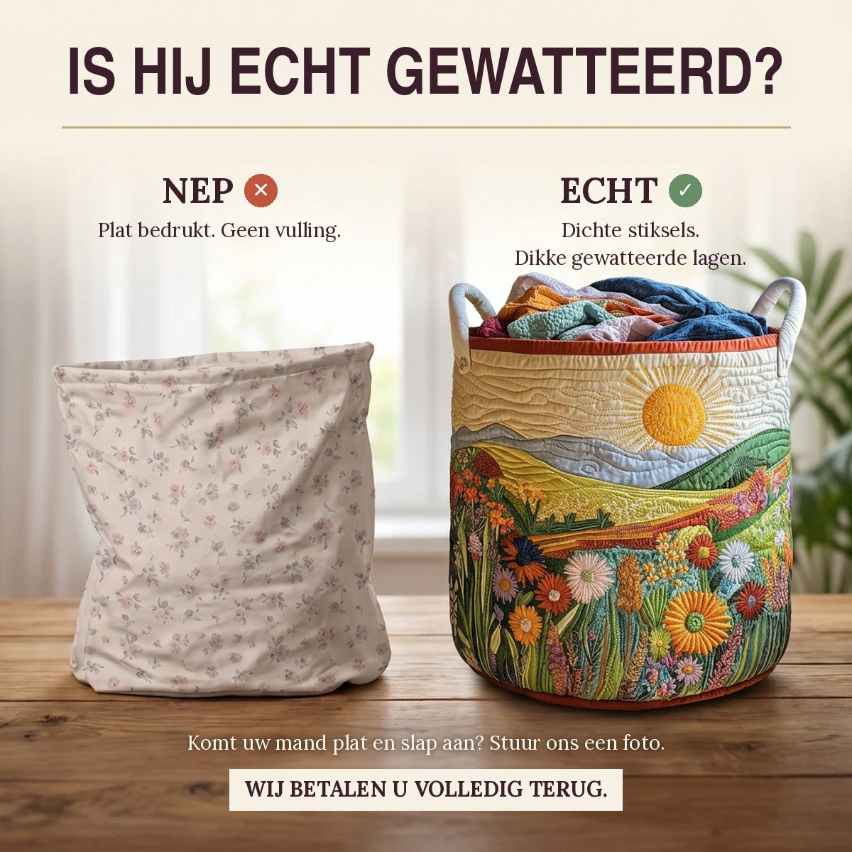 Nep of echt: een plat bedrukte mand naast de dik gewatteerde wasmand Lenteweide