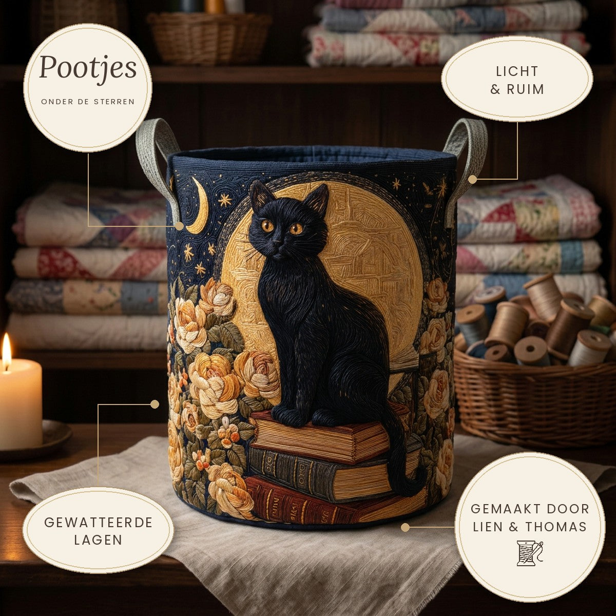 Panier à linge matelassé Pattes sous les étoiles sur une étagère, avec ses points forts