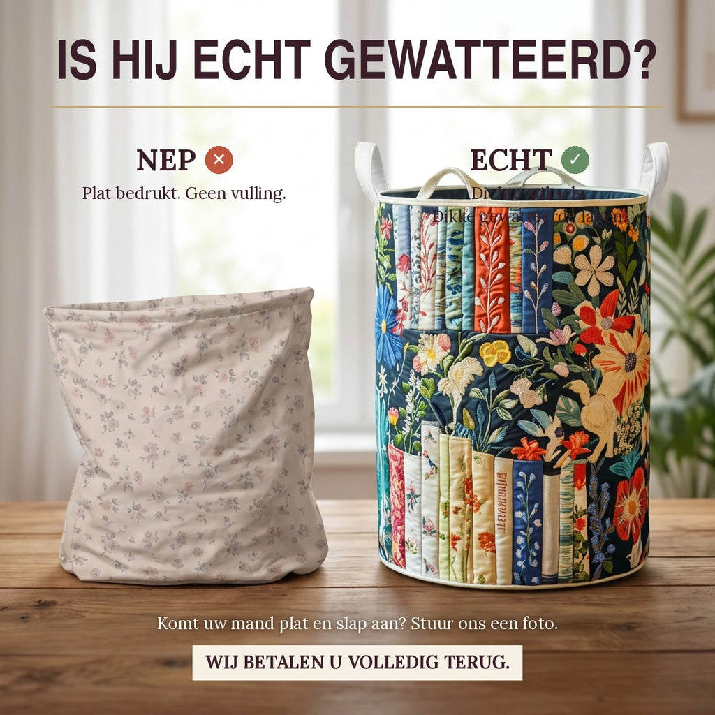 Nep of echt: een plat bedrukte mand naast de dik gewatteerde wasmand Verhalen in bloei