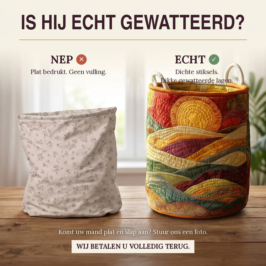 Nep of echt: een plat bedrukte mand naast de dik gewatteerde wasmand Zonnegloed