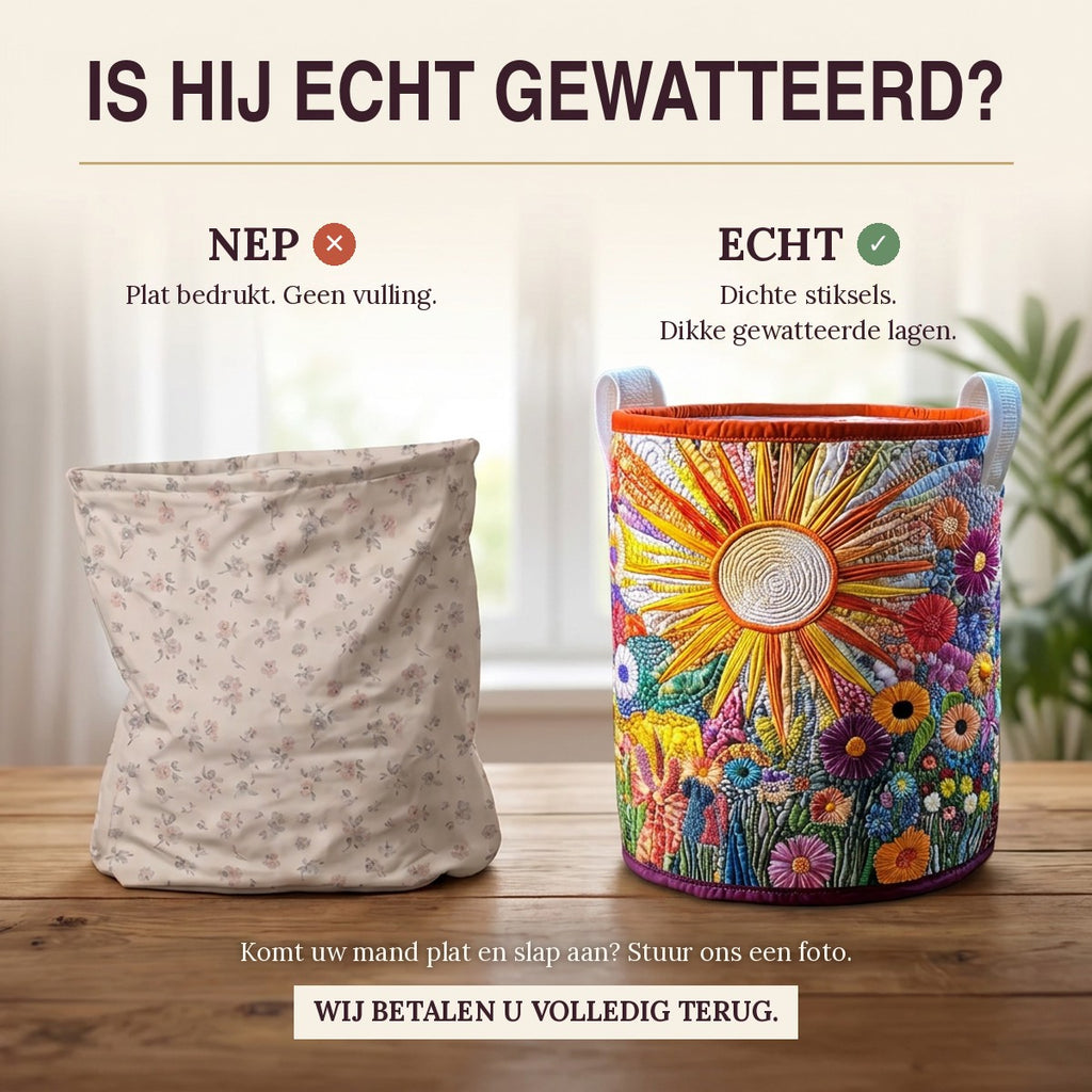 Nep of echt: een plat bedrukte mand naast de dik gewatteerde wasmand Bloeiende zonnebloemen