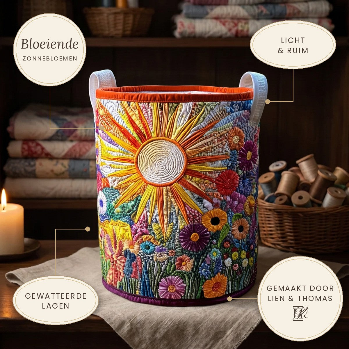 Gewatteerde wasmand Bloeiende zonnebloemen op een plank, met de belangrijkste kenmerken