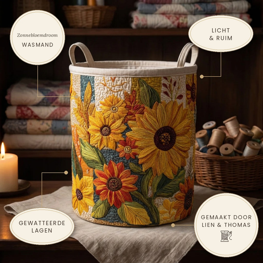 Panier à linge matelassé Rêve de tournesols sur une étagère, avec ses points forts