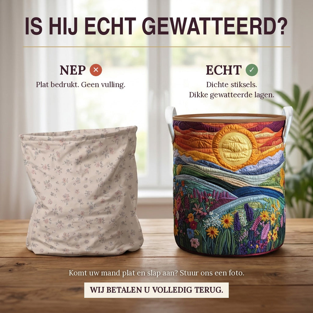 Nep of echt: een plat bedrukte mand naast de dik gewatteerde wasmand Velden bij zonsondergang