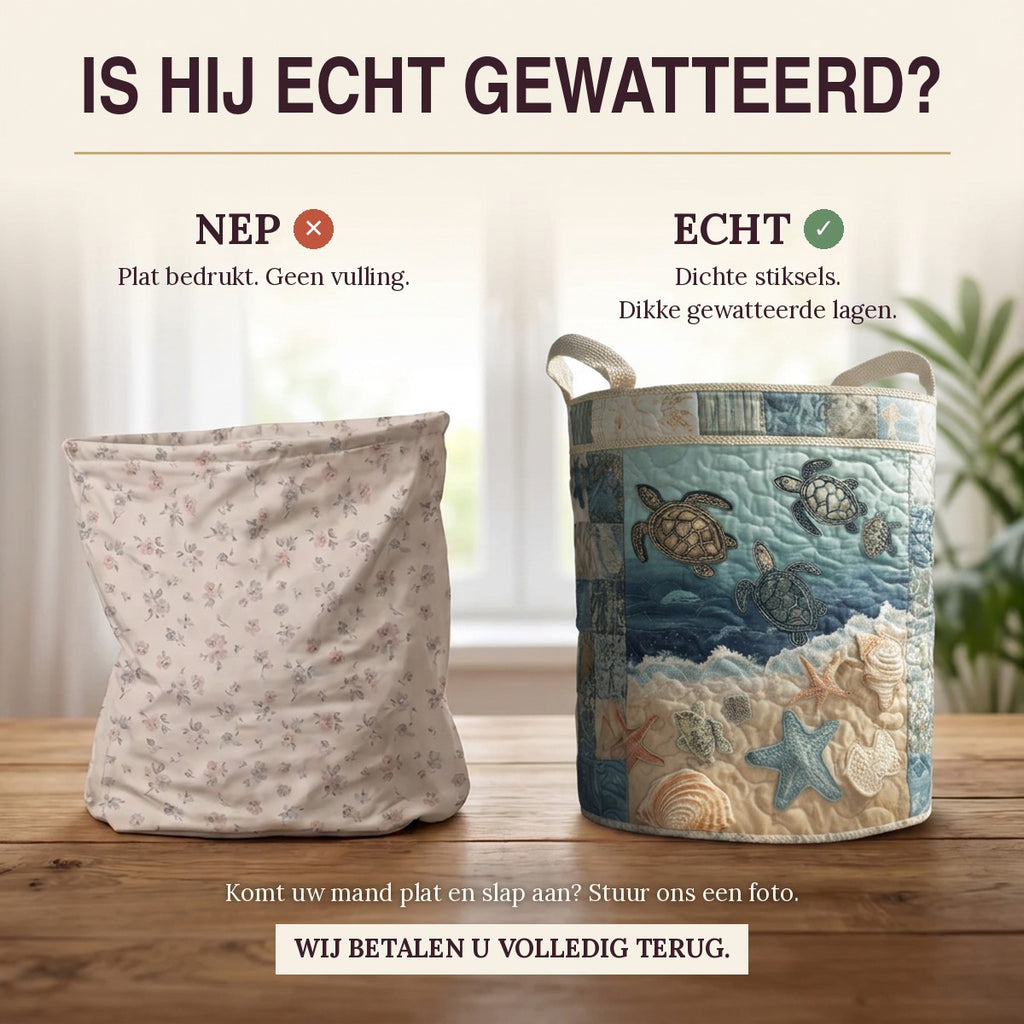 Nep of echt: een plat bedrukte mand naast de dik gewatteerde wasmand Kleine reiziger
