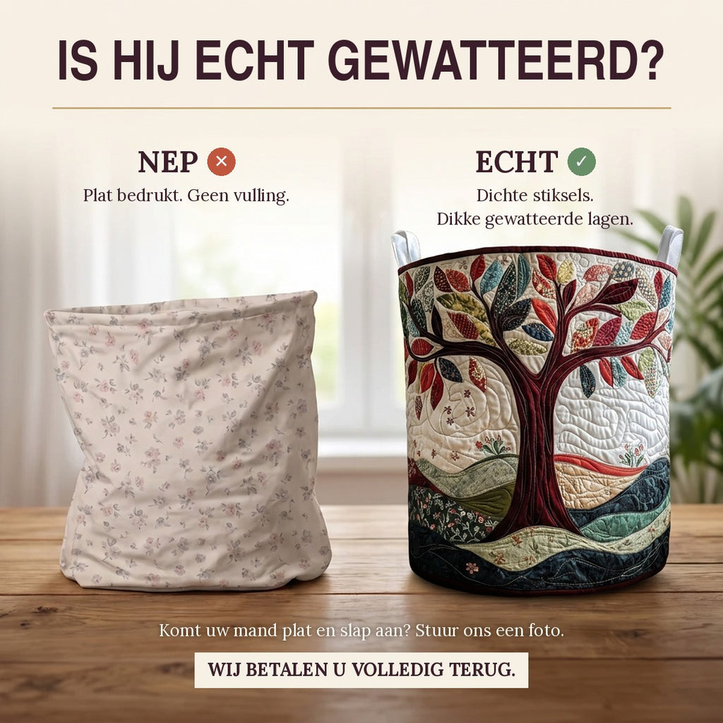 Nep of echt: een plat bedrukte mand naast de dik gewatteerde wasmand Gloeiende boom