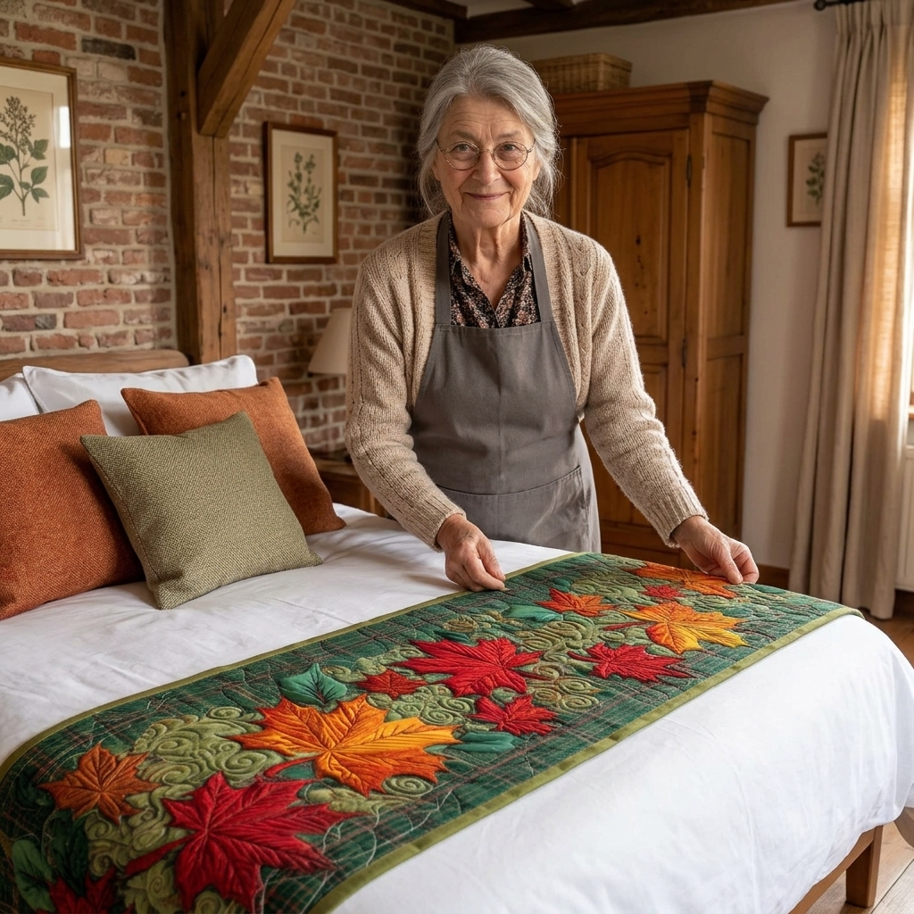 Lien straightening a bed runner at the foot of the bed