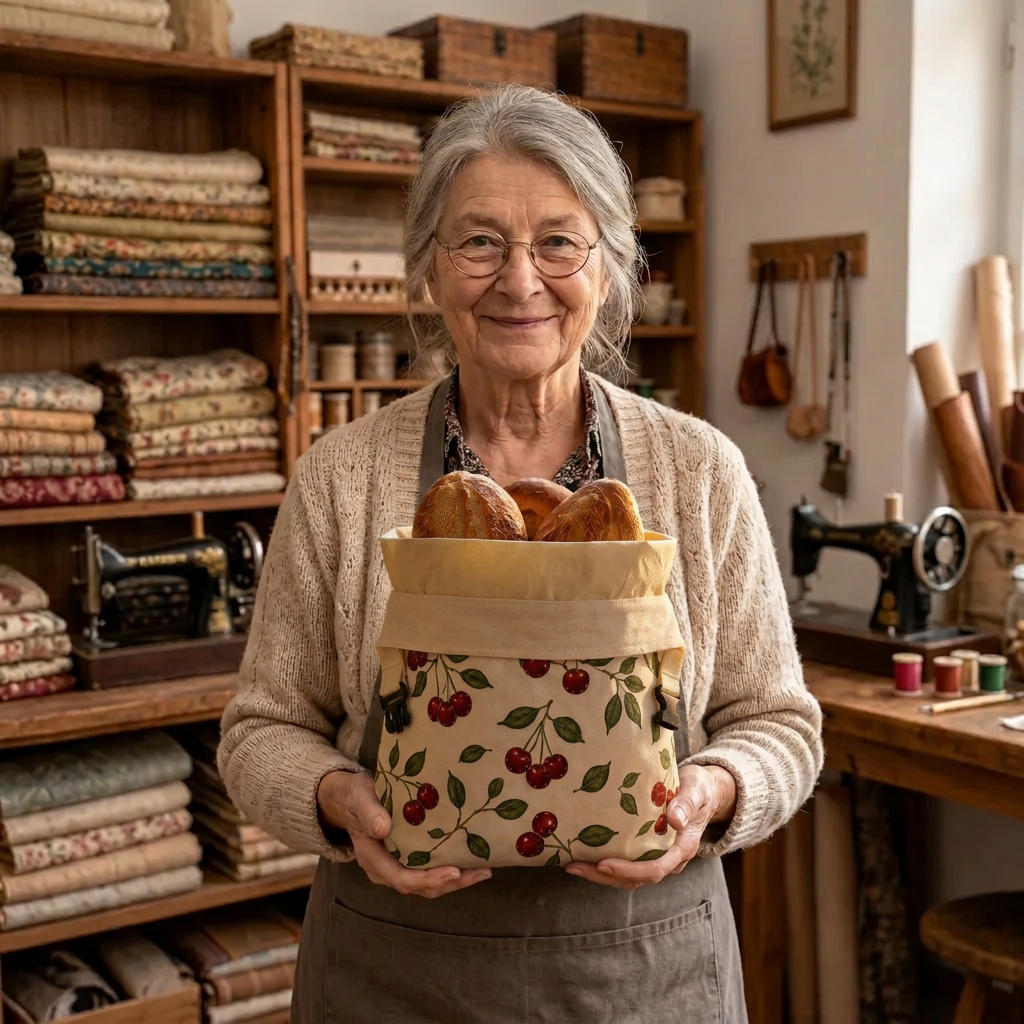 Lien van Maison Bruges in haar atelier met een broodzak met bijenwas